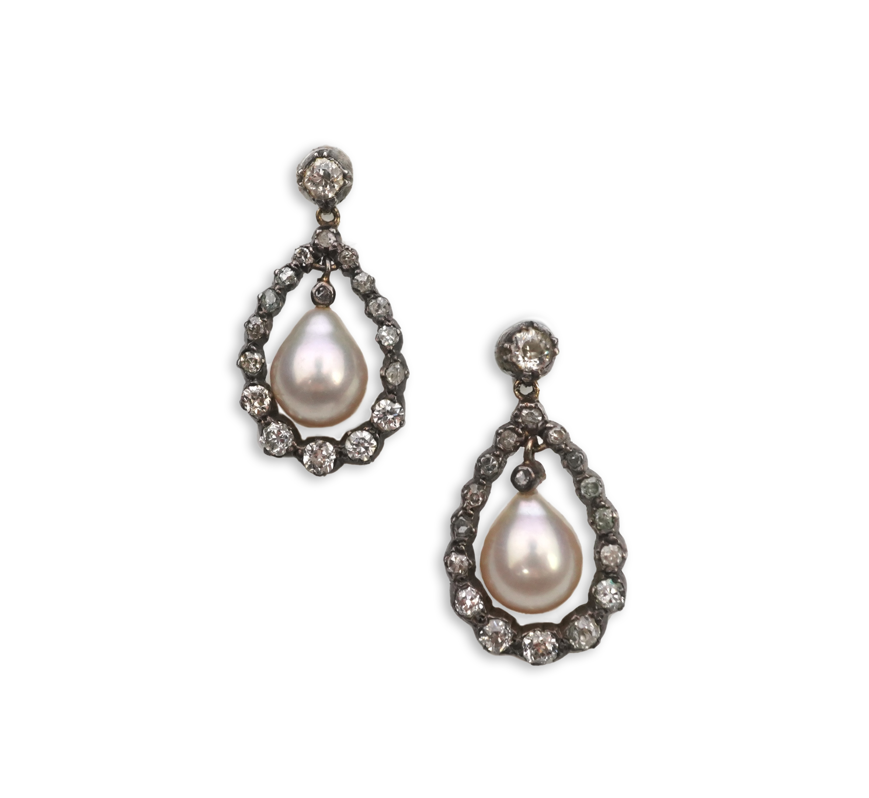 A pair of cultured pearl and diamond earrings